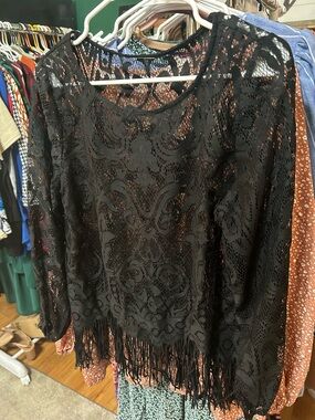 Black Lace Fringe Lightweight Top
